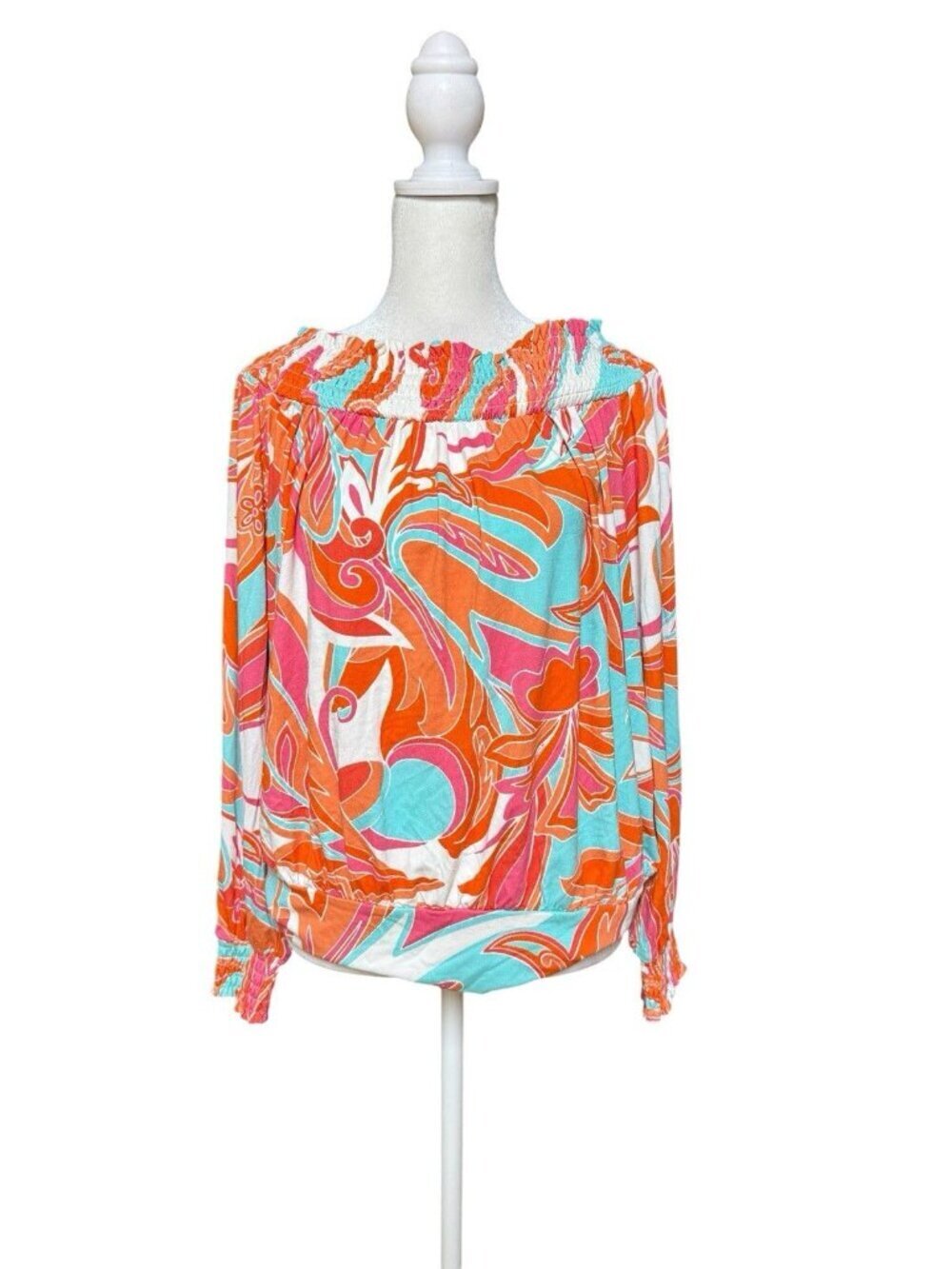 Boston Proper Off Shoulder Top M Colorful Smocked Boho Stretch Blouse